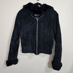 Wilsons Maxima Suede Leather Black Faux Fur Lined Zip Up Jacket Medium